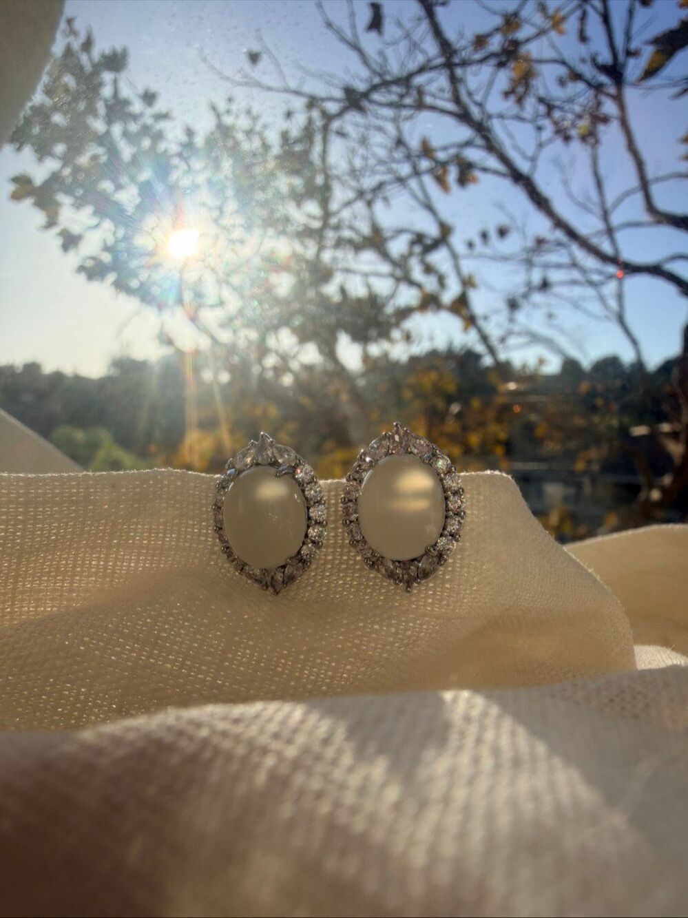 Faux Moonstone Oval Stud Earrings Crystal Halo Silver Tone Vintage Style